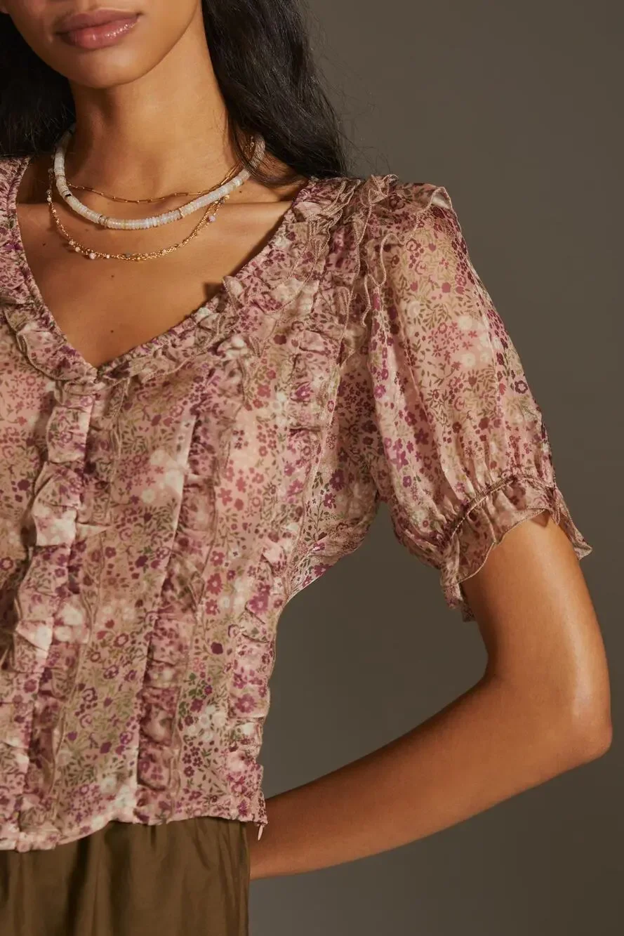 New Anthropologie Floral Puff Sleeve Blouse - Small